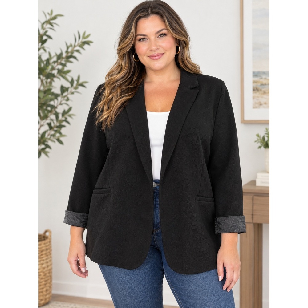 Skies Are Blue Blazer Womens 2X Black Open Front Ruched Sleeve Excellent Knit